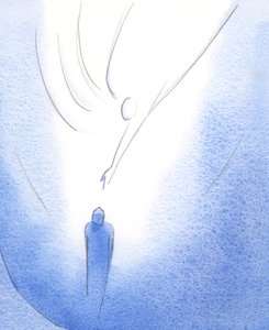 Neitsyt Marian vaipan sisällä Kristus ruokkii iloista sielua, Hänen Henkensä valaisee sitä ja kehottaa katsomaan ylöspäin kohti Isää, 2002 (paperilla) tekijältä Elizabeth Wang
