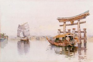 Torii-portti Itsukushiman pyhäkön sisäänkäynnissä, Miyajima, Japani (akvarelli paperille)