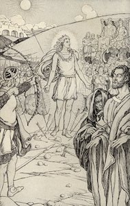 Jokainen nuoli ylitti hänen päänsä, kuvitus julkaisusta "Myths from Many Lands", julkaistu 1912