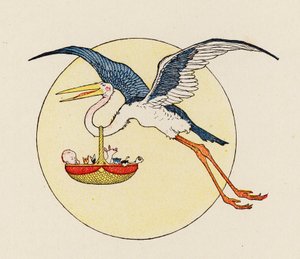 Nooan arkki: Nosturi ja vauvat (värilitografia). tekijältä Elmer Boyd Smith