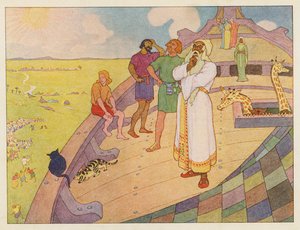 Nooan arkki: Odottaa sadetta (värilitografia). tekijältä Elmer Boyd Smith