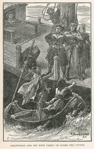 Nuolipää ja hänen vaimonsa leikkurilla (kaiverrus).