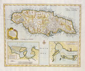 Jamaikan saaren kartta, jaettu sen pääseurakuntiin n. 1760 (käsinvärinen kaiverrus)