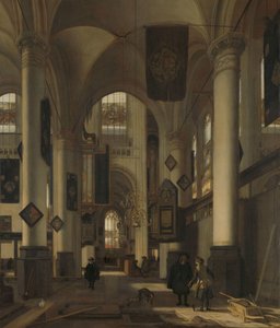 Protestanttisen goottilaisen kirkon sisustus Oude- ja Nieuwe Kerk -aiheilla Amsterdamissa tekijältä Emanuel de Witte