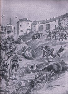 Aschaffenbergin 2. Baijerin metsästäjäpataljoona Lagardessa elokuussa 1914, The Illustrated History of the World War 1914-1915 -pubista. kirjoittanut Union Berlagsefellfchaft tekijältä Emil (after) Limmer