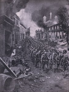 Saksalaisten joukkojen hyökkäys Brest-Litowskiin, The Illustrated History of the World War 1914-1915 -pubista. kirjoittanut Union Berlagsefellfchaft tekijältä Emil (after) Limmer