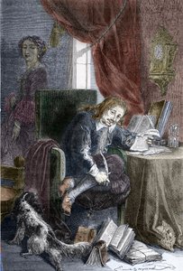 Ranskalaisen kirjailijan Paul Scarronin (1610-1660) muotokuva burleskikomedioiden kirjoittajasta, hän on edustettuna vammaisella tuolilla, hänen vaimonsa Francoise d