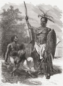Keski-Afrikan Ougogosta kotoisin oleva sotapuku, kuvitus teoksesta "The World in the Hands", julkaistu 1878 tekijältä Emile Antoine Bayard