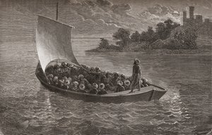 Arminio Vambery ja hänen seuralaisensa purjehtimassa Kaspianmerellä vuonna 1863, kuvitus teoksesta "The World in the Hands", Gauchardin kaiverrus, julkaistu 1878. tekijältä Emile Antoine Bayard