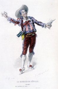Edouard Fournierin Beaumarchaisin (1732-1799) täydellinen teos. piirustus Emile Bayard. Ed. Laplace, Sanchez et Cie, Pariisi 1876. Tämä on Figaro elokuvassa "Sevillan parturi" tekijältä Emile Antoine Bayard
