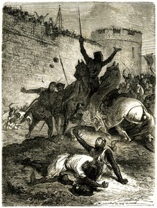 Ristiretki Albigeoisia vastaan - Toulousen piiritys, 25. kesäkuuta 1218. Simon de Montfortin veli on juuri haavoittunut nuolesta, Simon de Montfort itse aikoo tappaa katapulttipallon, sanotaan, että yksi naisista Toulousesta kuka on tekijältä Emile Antoine Bayard