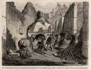 Löytyi leipomouunista ja säilötty leipä tuhkassa vuonna 1864 Pompejin kaivauksissa, Emile Bayardin (1837-1891) piirustus havainnollistamaan Marc Monnierin (1829-1885) tekstiä "" Pompei ja pompeilaiset"". Kaiverrus kirjassa "" Le tour du monde"", toimittanu tekijältä Emile Antoine Bayard