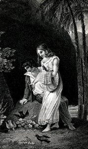 Kaiverrus, joka kuvaa Jacques-Henri Bernardin de Saint-Pierren (Jacques Henri Bernardin de Saint-Pierre) romaanin 1800-luvun lopun painosta: Paul et Virginie. Linnut tulevat pelkäämättä maihin nuoren rakastajaparin lähelle metsässä. Piirustus b tekijältä Emile Antoine Bayard