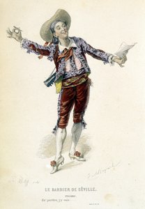 Figaro elokuvassa "Sevillan parturi" teoksessa "Oeuvres completes de Beaumarchais", toim. Laplace Sanchez & cie, Pariisi tekijältä Emile Antoine Bayard