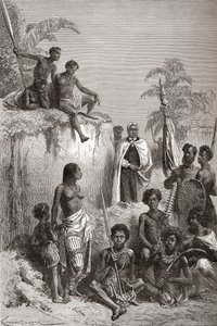 Havaijin kuningas Kamehameha I ja hänen soturinsa, kuvitus teoksesta "The World in the Hands", julkaistu 1878 (kaiverrus) tekijältä Emile Antoine Bayard