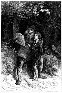Emile Bayardin kuvitus Hector Malotin romaanille "" Sans Famille "": Remi laulaa monsieur Vitalisin kanssa, matkustava taiteilija - katumuusikko, saltimbank - Edition Hetzel 1880 - tekijältä Emile Antoine Bayard
