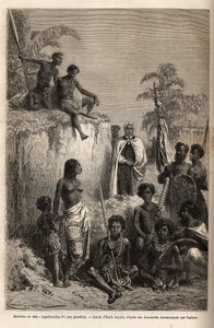 Kamehameha I (n. 1758-1819), Havaijin saarten kuningas ja yksikön perustaja, piiritti havaijilaisia sotureita ja joitain aiheita Honolulussa kaiverruksella Emile Bayardin piirustuksen mukaan, joka havainnollistaa matkaa Sandwichsaarille vuosina 1855-69 , k tekijältä Emile Antoine Bayard
