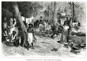 Les blanchisseuses au Chorillo, Panama, kaiverrus E. Bayardin piirustuksen jälkeen havainnollistaakseen tour du mondessa julkaistua tarinaa Exploration at Panama and Darien, laivan luutnantti A. Reclus, vuosina 1876-1878, ohjauksen alla tekijältä Emile Antoine Bayard