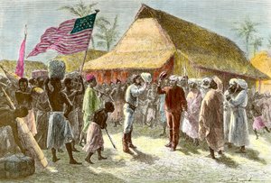 Walesilaisen räjäyttäjän ja toimittajan Henry Mortonin (1841-1904) ja skotlantilaisen Afrikan mantereen tutkimusmatkailijan David Livingstonen (1813-1873) tapaaminen Ujijissa Tanganyika-järven rannalla 10. marraskuuta. tekijältä Emile Antoine Bayard