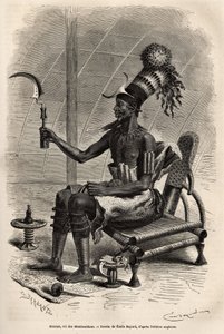 Mounza, Mombuttousin (Sudanin heimon) kuningas, sämpylän päähine, joka on peitetty papukaijan höyhenillä koristellulla sylinterimäisellä päällyslakalla, otsaan kiinnitetty puolikuun muotoinen kuparilevy, kaulan ympärillä kuparisten säleiden kaulus ja pääll tekijältä Emile Antoine Bayard