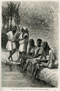 Saharan negret ja negret, Oued Rihrin rannoilla. E. Bayardin kaiverrus havainnollistamaan Algerian Saharaa, V. Largeau, vuosina 1874-1878, julkaistu Tour du mondessa, Edouard Chartonin (1807-1890) johdolla tekijältä Emile Antoine Bayard