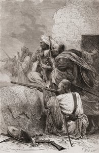 Pohjois-Afganistanilaiset kapinalliset taistelevat brittejä vastaan Hazaran vuoristossa Pakistanissa brittivallan aikana, 1878 tekijältä Emile Antoine Bayard