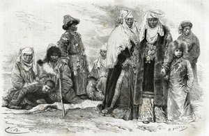 Köyhät ja rikkaat kirgisianaiset. Kaiverrus Emile Bayard, havainnollistaa matkavaikutelmia Orenburgista Samarkandiin, Marie de Ujfalvy-Bourdon, vuosina 1876-1878, Tour du monde, ohjaaja Edouard Charton tekijältä Emile Antoine Bayard