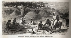 Norsunluuvalmistelu turkkilaiselle kauppiaalle, Uganda, Emile Bayardin (1837-1891) piirros, joka havainnollistaa kapteeni Speken löytömatkaa Afrikassa vuosina 1860-1863. Kaiverrus kirjaan "" Le tour du monde", toimittanut Edouard Charton tekijältä Emile Antoine Bayard