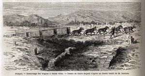 Tyhjien vaunujen kokoaminen vuoden 1864 kaivausten aikana Pompejissa, Emile Bayardin (1837-1891) piirustus havainnollistamaan Marc Monnierin (1829-1885) tekstiä "" Pompei ja pompeilaiset"". Kaiverrus kirjassa "" Le tour du monde", toimittanut Edouard Chart tekijältä Emile Antoine Bayard