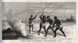 Durrarumpalit, ounyamouezissa (Suurten järvien alueella, Afrikka), Emile Bayardin (1837-1891) piirros kuvaa kapteeni Speken löytömatkaa Afrikassa vuosina 1860-1863. Kaiverrus kirjaan "" Le tour du monde", toimittanut Edouard Charton tekijältä Emile Antoine Bayard