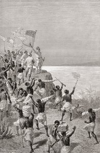 Stanley ja hänen tutkimusmatkansa ensimmäinen havainto Tanganyikasta Itä-Afrikassa vuonna 1872, kuvitus teoksesta "The World in the Hands", julkaistu 1878 tekijältä Emile Antoine Bayard