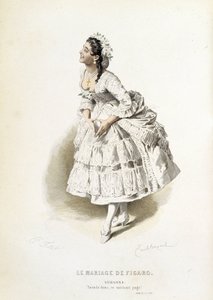 Suzanne teoksessa "" The Marriage of Figaro"" - teoksessa "" Complete Works of Beaumarchais"", Emile Bayardin piirustukset, toim. Laplace Sanchez & cie, Pariisi tekijältä Emile Antoine Bayard