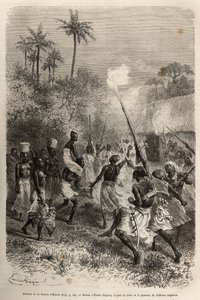 Hamisin morsian saapuminen Haran kylään (Sambia), califourchon miehen olkapäällä, mukana tusina seuraajaa, joilla kullakin oli pieni ruokakori päässään, kaiverrettu Emile Bayardin piirustuksen jälkeen, joka kuvaa David Livingstonea. tekijältä Emile Antoine Bayard