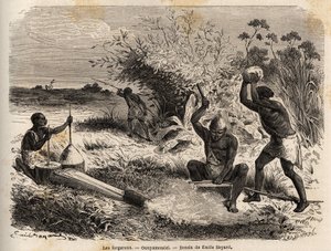 Seppiä Ounyamouezissa (Suurten järvien alue, Afrikka), Emile Bayardin (1837-1891) piirros, joka kuvaa kapteeni Speken Afrikan löytöretkeä vuosina 1860-1863. Kaiverrus teoksessa "Le tour du monde", toimittanut Edouard Charton. tekijältä Emile Antoine Bayard