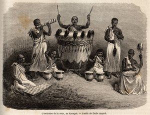 Hoviorkesteri Karaguessa (Victoria-järven länsipuolella, nykyinen Zimbabwe), Emile Bayardin (1837-1891) piirustus kuvaa kapteeni Speken löytömatkaa Afrikassa vuosina 1860-1863. Kaiverrus "" Le tour du monde ””, editoi Edouard Char tekijältä Emile Antoine Bayard