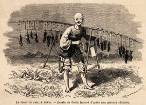 Rotan tappaja Pekinissä. Piirustus Emile Bayard (1837-1891), havainnollistaa matkaa Shanghaista Moskovaan vuosina 1859-1862, M. de Bourboulon, Ranskan ministeri Kiinaan. Kaiverrus kirjassa "" Le tour du monde", toimittanut Edouard Charton tekijältä Emile Antoine Bayard