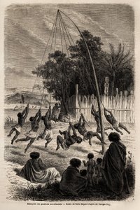 Uusseelantilaisten soturien keinu Aucklandin kannaksella, Emile Bayardin (1837-1891) piirustus havainnollistamaan Ferdinand de Hochstetterin matkaa Uuteen-Seelantiin vuosina 1858-1860. Kaiverrus kirjaan "" Le tour du monde", toimittanut Edouard Charton tekijältä Emile Antoine Bayard