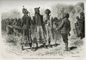 Kolme kapellimestaria (tai sovaa), Domben (Angola) ruhtinaita, sekä heidän muusikko- ja hovimestarijoukkonsa saapuvat tapaamaan tutkimusmatkailija S. Pintoa. Emile Bayardin kaiverrus, joka kuvaa tarinaa siitä, miten olen kulkenut Afrikassa Atlantilta Intia tekijältä Emile Antoine Bayard