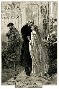 Victor Hugo "Onnelliset", "The Last Gorgee of the Chalice". Kuvitus Emile Bayard. Entinen fortaatti Jean Valjean tuli vanhaksi Cosetten ja Mariuksen kanssa. Kaiverrus painoksesta Ollendorff 1906. tekijältä Emile Antoine Bayard