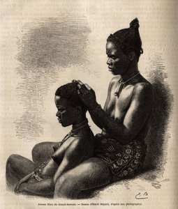 Grand-Bassamin (Grand Bassam) (Norsunluurannikon entinen pääkaupunki) nuoret tytöt, jotka muotoilevat itsensä, kaivertavat Emile Bayardin piirustuksen mukaan, havainnollistavat matkaa Afrikan rannikolle vuonna 1868, varaamiraali Fleuriot de Langles, julkai tekijältä Emile Antoine Bayard