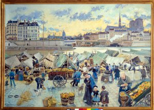 Omenamarkkinat Hôtel de Villen laiturilla, Pariisissa. Emile Guillierin (1849-1883) maalaus tekijältä Emile Antoine Guillier
