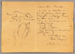 Kirje Emile Bernardille, jossa on kolme mustepiirroksia, joissa mainitaan "Vincentin" kuolema, Tahiti, 1890-luku tekijältä Emile Bernard