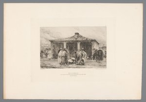 Ryhmäsotilas leirillä Metz 8. lokakuuta 1870/ Yksittäisten ratsuväen sotilaiden bivouac Place Saint Simonilla Fort Moselissa (otsikko esineessä) France etsen uit 1875 (sarjan nimi) Etsaus vuonna 1875 (sarjan nimi) tekijältä Emile Boilvin