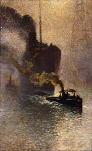In Tow on the Thames in the Sumu; Escorte sur la Tamise dans le Brouillard - Taken in Tow on the Thames, 1918 tekijältä Emile Claus