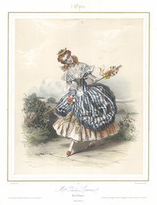 Ranskalainen balettitanssija Pauline Leroux tanssimassa Pariisin oopperassa, 1840 (värilitho)