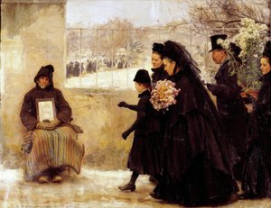 Kaikki pyhät Hautausmaalle menevä sureva perhe antaa kolikon vanhalle miehelle, joka tekee alumonia. Emile Friantin (1863-1932) maalaus 1888 su. 2,54x3,34 m Nancy, musee des Beaux Arts