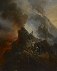 Vesuvius purkautuu, taiteilija ja hänen isänsä, Carle Vernet, etualalla., n. 1822 tekijältä Emile Jean Horace Vernet