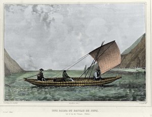 Balsa tai ihottuma vene Titicaca-järvellä (Bolivia). Emile Lassallen (1813-1871) litografia - Alcide D