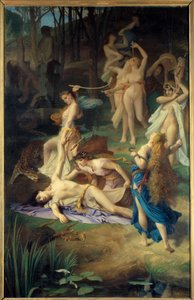 Orfeen kuolema. Bacchantes (tai Menades) helpotti minua Orphe pilkkoi sen paloiksi. Emile Levyn (1826-1890) maalaus