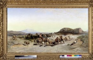 Sainte Victoire -vuori ja siirtolaiskuljetus Emile Loubonin (1809-1863) maalaus 1847 Mitat 71x132 cm.
